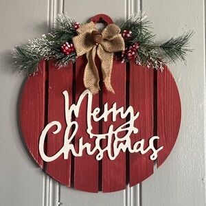 NWT- Red with White Merry Christmas Round Wooden Ornament Sign w/ Bell & Bow
